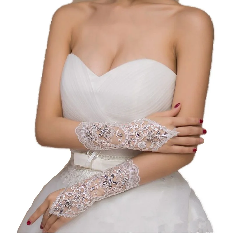 Lace Fingerless Elbow Length Bridal  Gloves with Rhinestone for Women Paragraph White Wedding Accessories