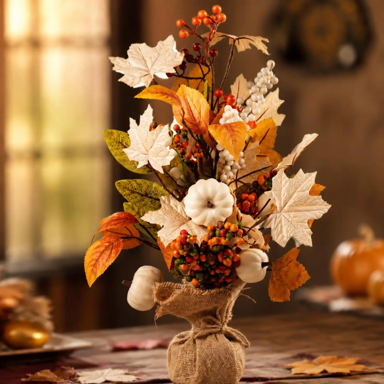 Artificial Autumn Harvest Decorative Wreath with Pumpkins and Berry Clusters for Fall Table Centerpiece Indoor Decor