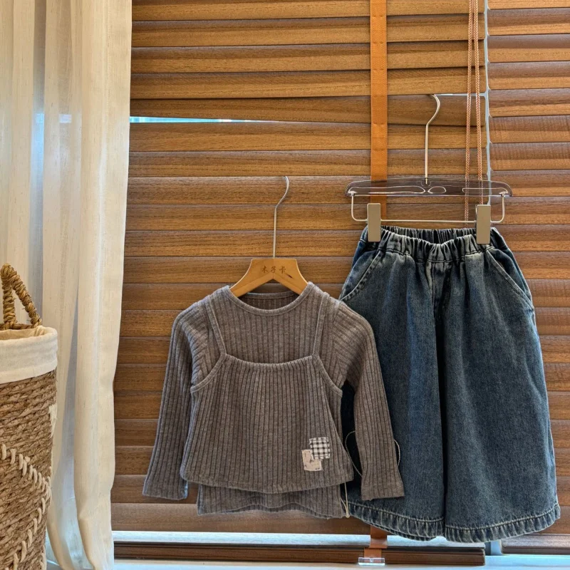 

Korean Style Small and Medium Children's Clothing2025Autumn New Children's Striped Round Neck Base Layer Girls' Top Two-Piece Se