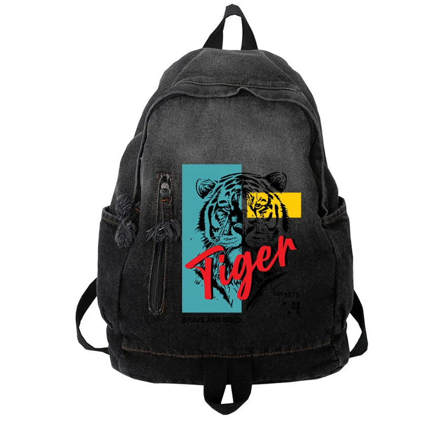 New Denim Bags Women Men Hip Hop Style Tiger Head Pattern Printed Backpacks Y2k Student Schoolbag Luxury Commuter  Rucksack