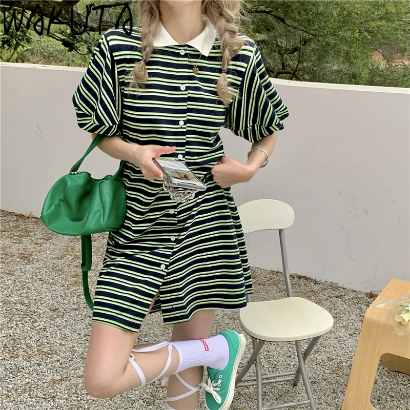 WAKUTA casual striped single breasted dress women 2024 summer turn down neck puff sleeve straight dresses korean chic leisure