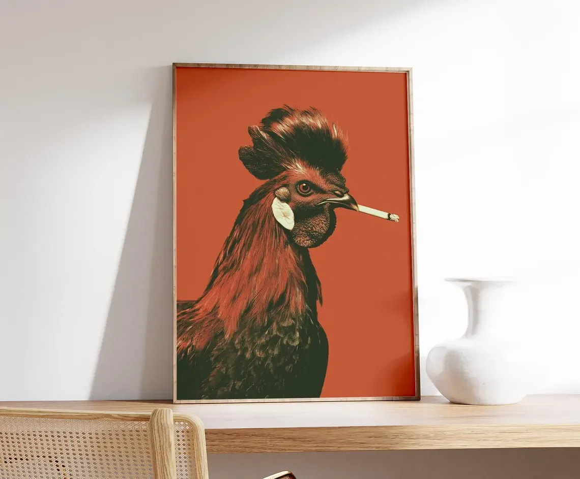 Edgy Rooster Cigarette Wall Print Decor - Photographic Style Portrait of a Black-Red Rooster with a Cigarette, Set Against a Bol