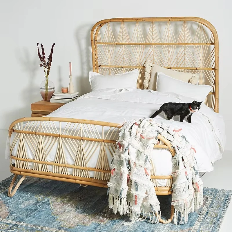 

Nordic hotel apartment, rattan furniture, simple creative bedroom, family stay rattan art bed