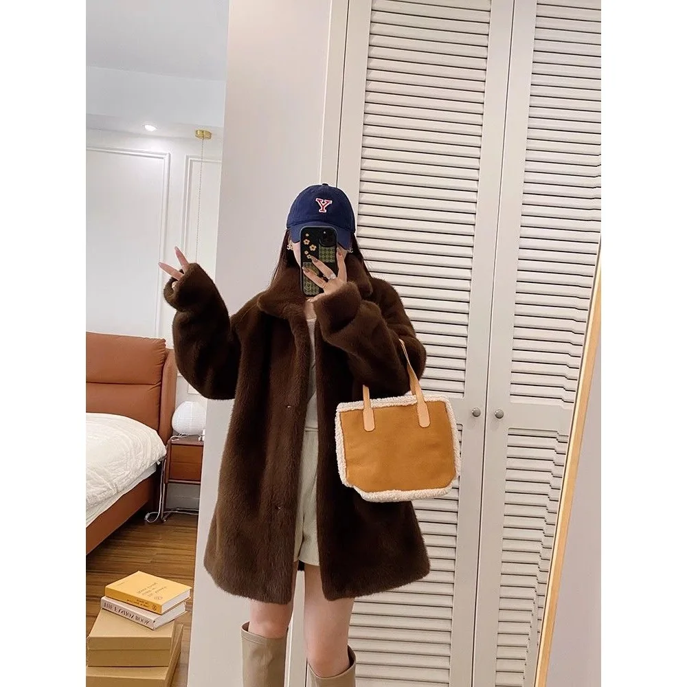 Długi płaszcz ze sztucznego futra damski płaszcze damskie mieszanki dopasowany wieczorowy damski z nadrukiem czysty ręcznie cięty dopasowany krój guziki stójka podszyty