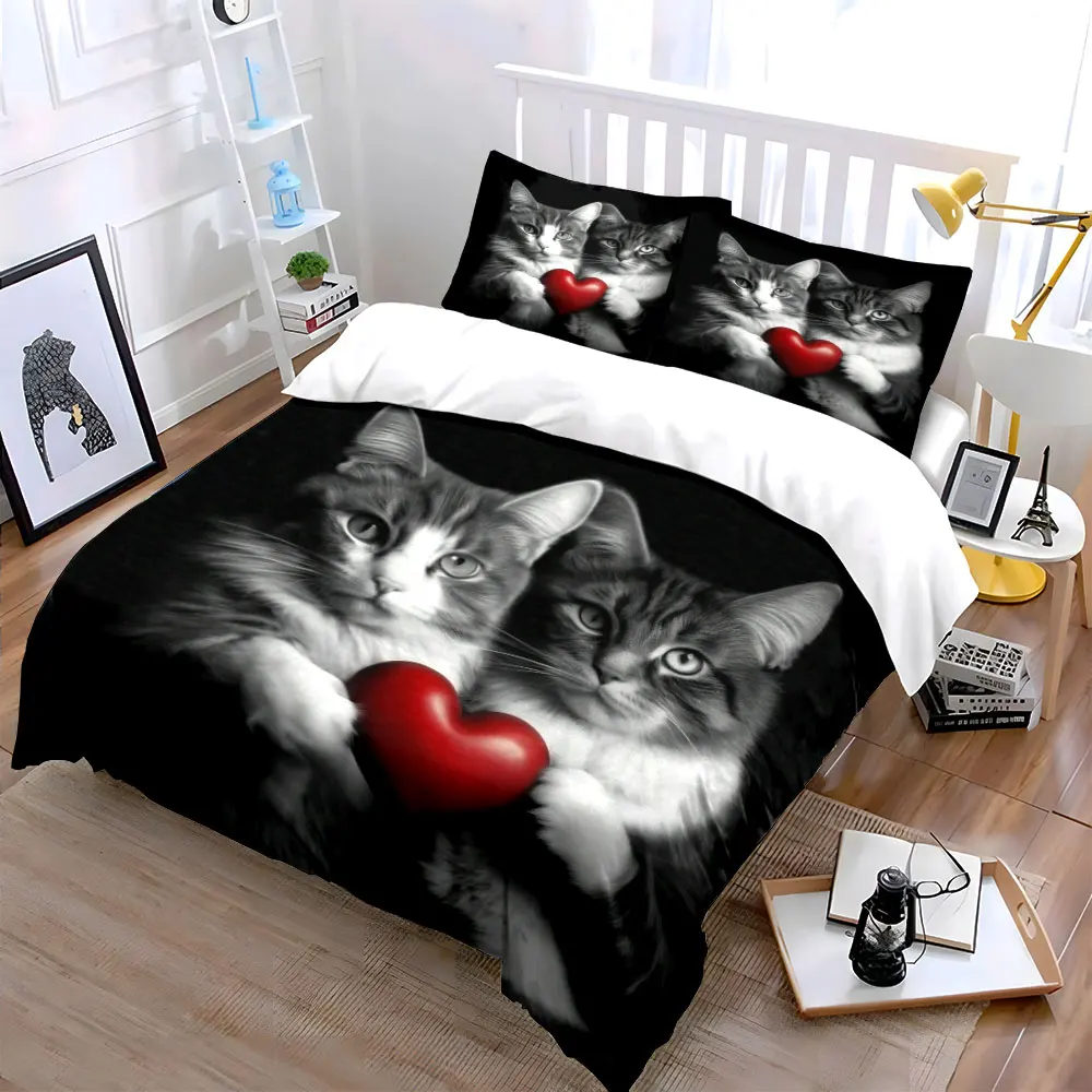 Two cats holding red heart Bedding Set for Kids Luxury Gift 3pcs Digital Print Comforter Set Soft Comfortable Breathable