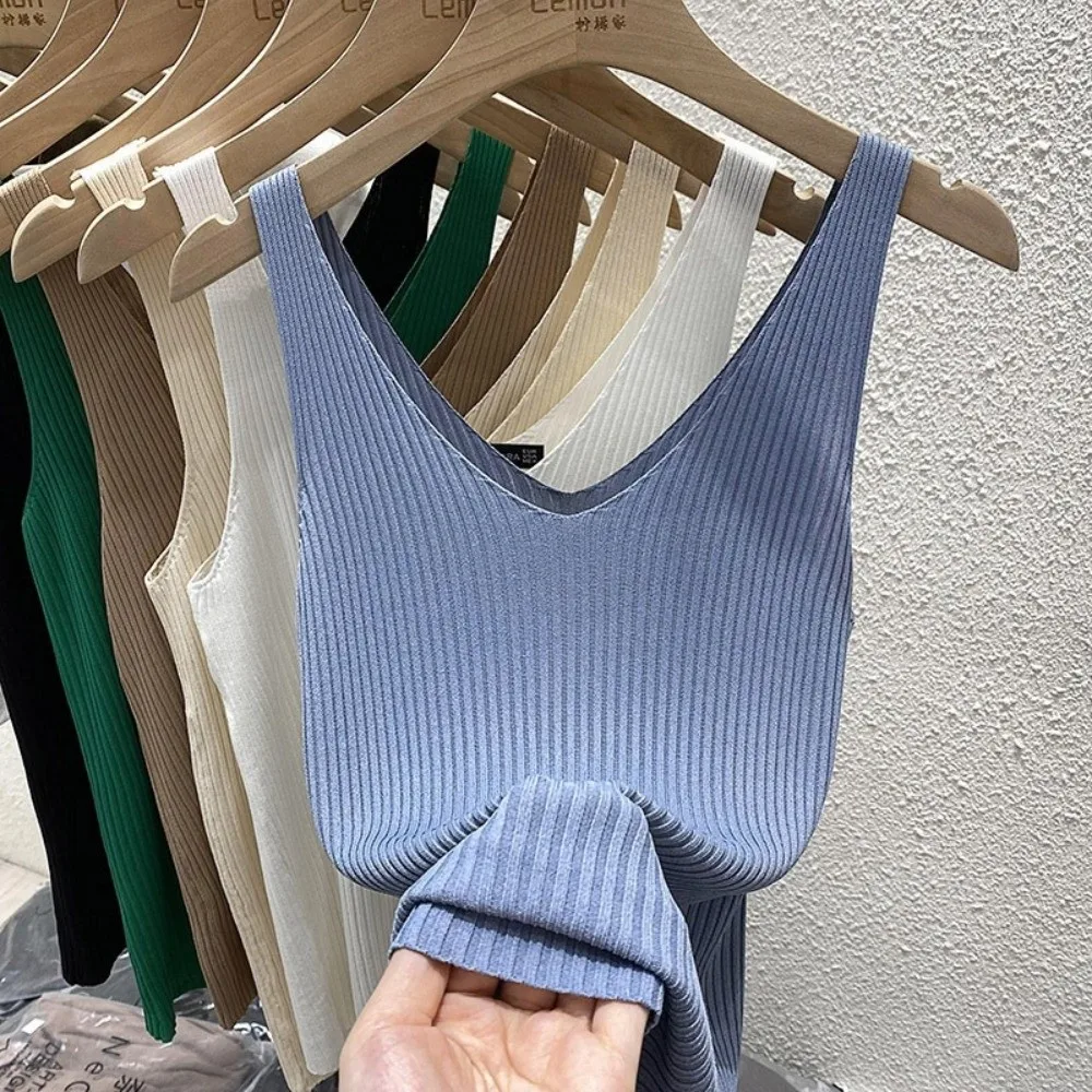 Lässiges, einfarbiges Eisseiden-Tanktop, ärmellos, V-Ausschnitt, kurz geschnitten, gestrickte Weste, Basisschicht