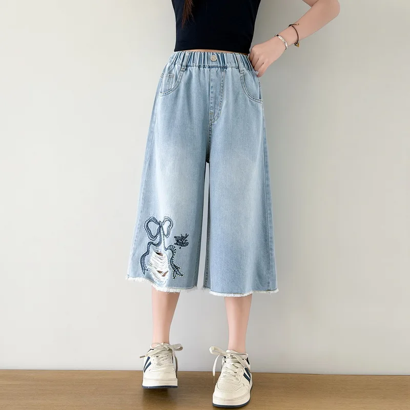 Summer Kids Wide Leg Cropped Jeans Shorts With Rhinestone Bow For Teens Girl Casual Streetwear Denim Shorts Child Hole Capris view 3