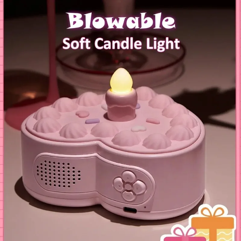 Portable Birthday Cake Speaker Wireless Bluetooth Rechargeable Sound Box Handsfree Call MP3 Music Player with Blowable Light