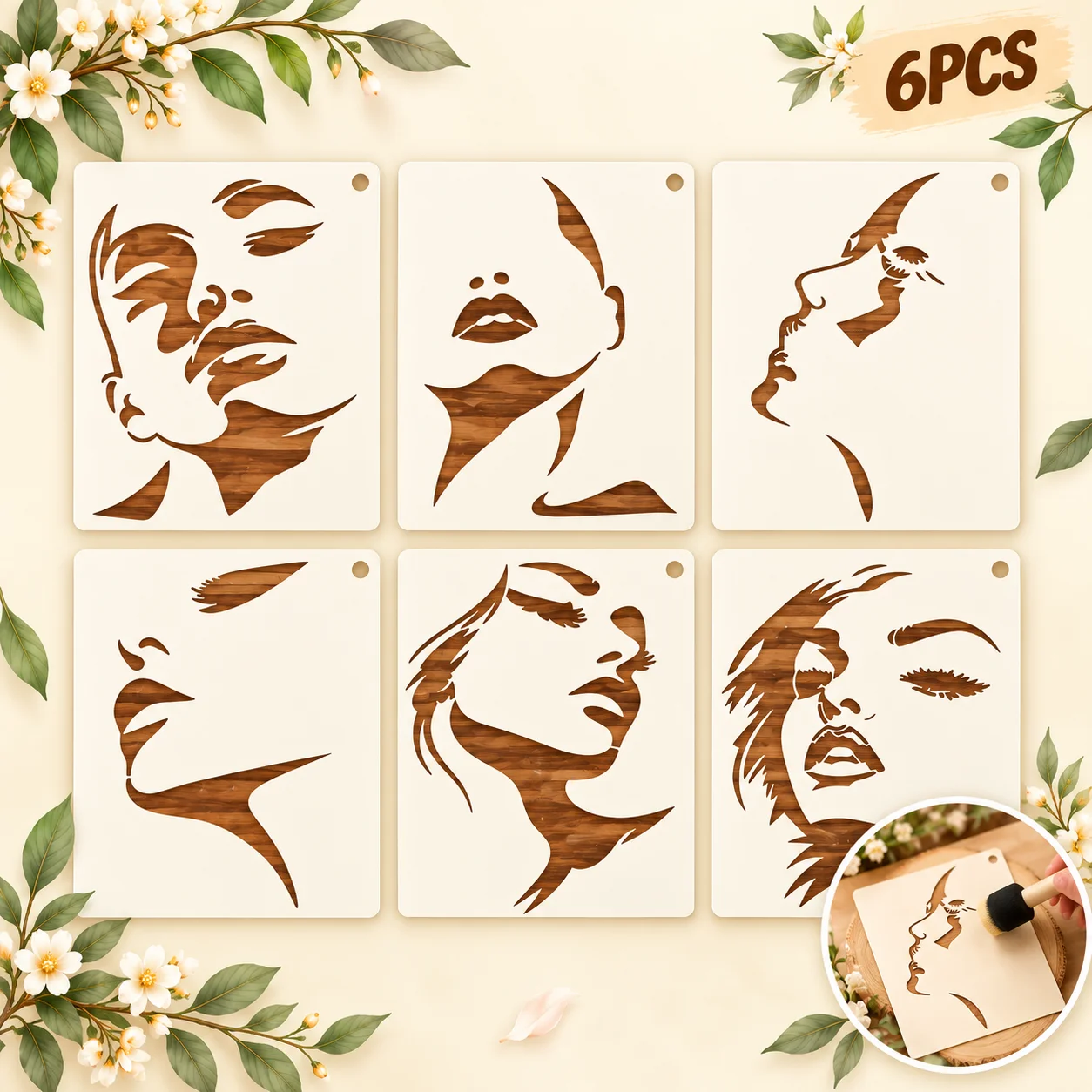 6Pcs Woman Face Stencils Reusable PET Portrait Painting Templates Abstract Female Face Wall Wood Canvas Fabric DIY Decor