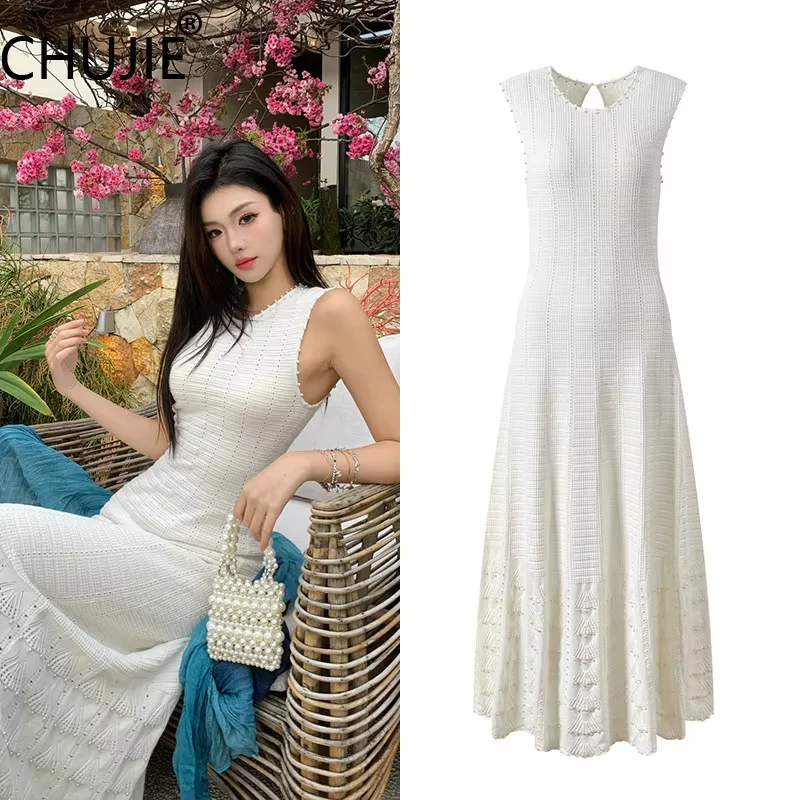 

CHUJIE 2025 Summer 3-Piece French Style Set - Knit Maxi Dress + Sleeveless Top + Cover-Up, Pearl & Hollow Out, Viscose+Nylon