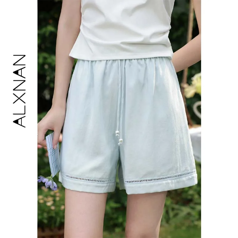 ALXNAN Lyocell Blue Shorts Drawstring Elastic Waist Loose-fit Thin Casual Short Pants Women Summer New Female Bottom L66120DK