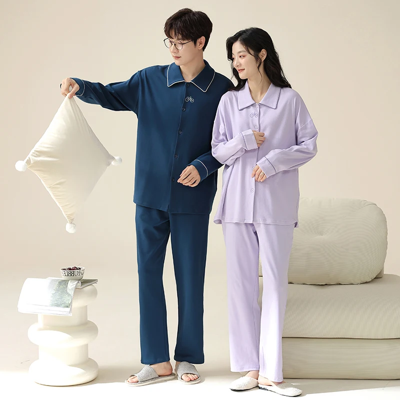 M-3XL Cotton Set Couple Style Men's and Women's Pajamas Cardigan Collar Sleek Fashion Spring and Autumn Leisure Home Furnishing