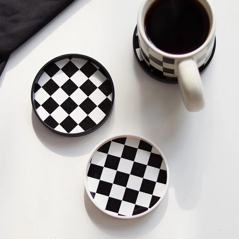 Nordic Ins Style Black White Checkerboard Tea Coaster Heat Insulation Anti-scalding Anti-slip Creative Round Cup Mat