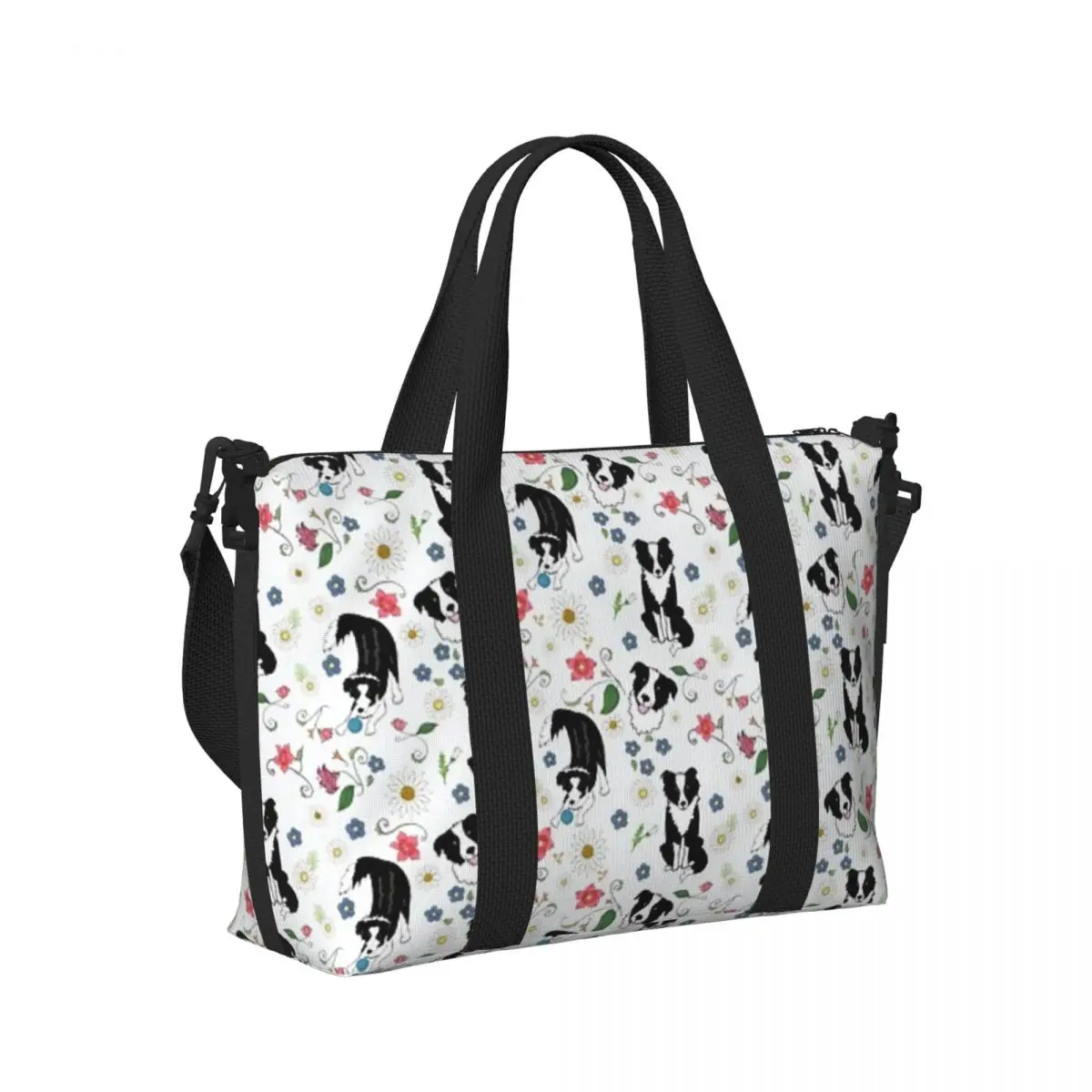 

Пляжная дорожная сумка Border Collies с виноградной лозой и цветами, большая вместительная сумка-тоут для спортзала, спортивная женская дорожная сумка для покупок