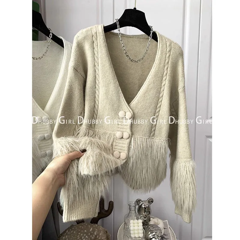 New Fall/winter Fashion Slouchy Sweater Temperament V-neck Sweet Gentle Chic Design Sweater Girls Short Tops