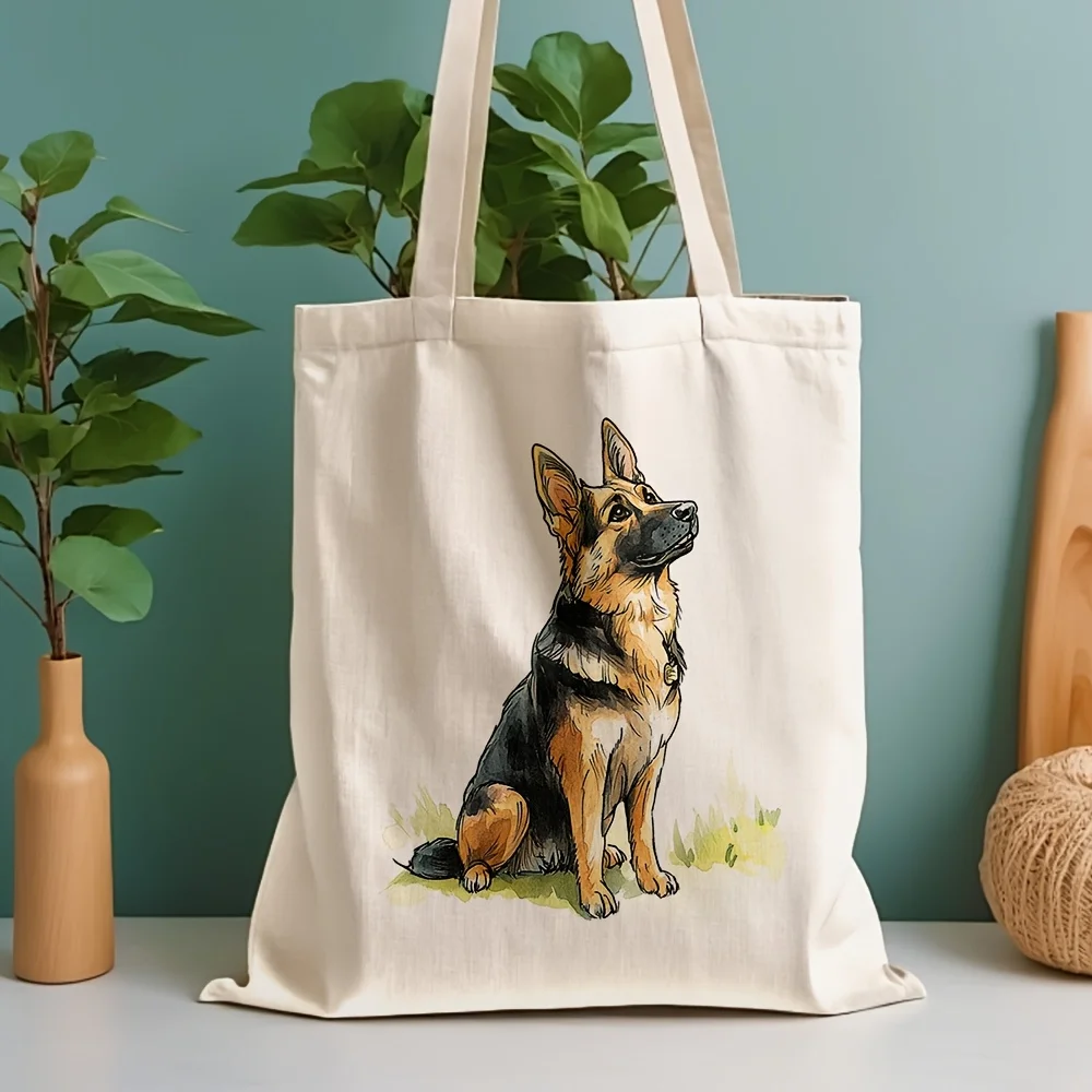 A German Shepherd Illustration Pattern Print Canvas Tote Bag, Suitable For Daily Use, Shopping, School, And Travel