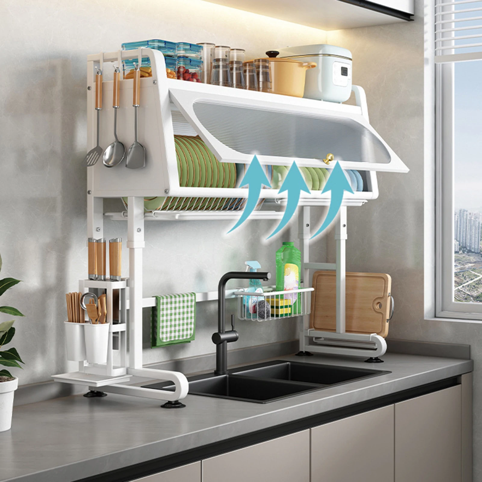 Sink storage rack with cabinet door flip cover, kitchen dish drain rack, storage rack, adjustable dustproof bowl tray