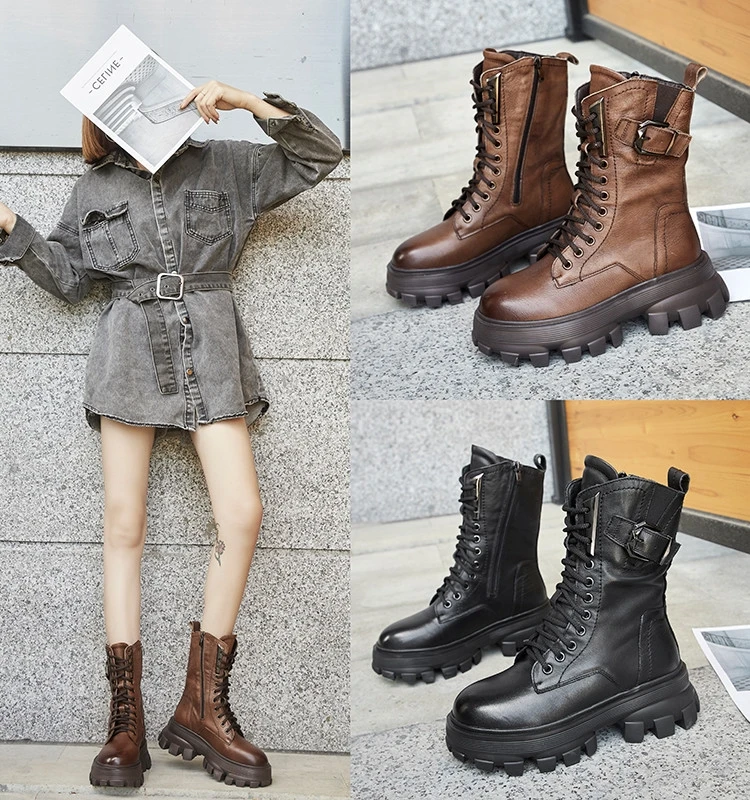 Boots Women New 2024 Shoes Round Toe Winter Footwear Zipper Lolita Ladies Ankle Autumn High Heel Leather Rubber Rock Basic Squa