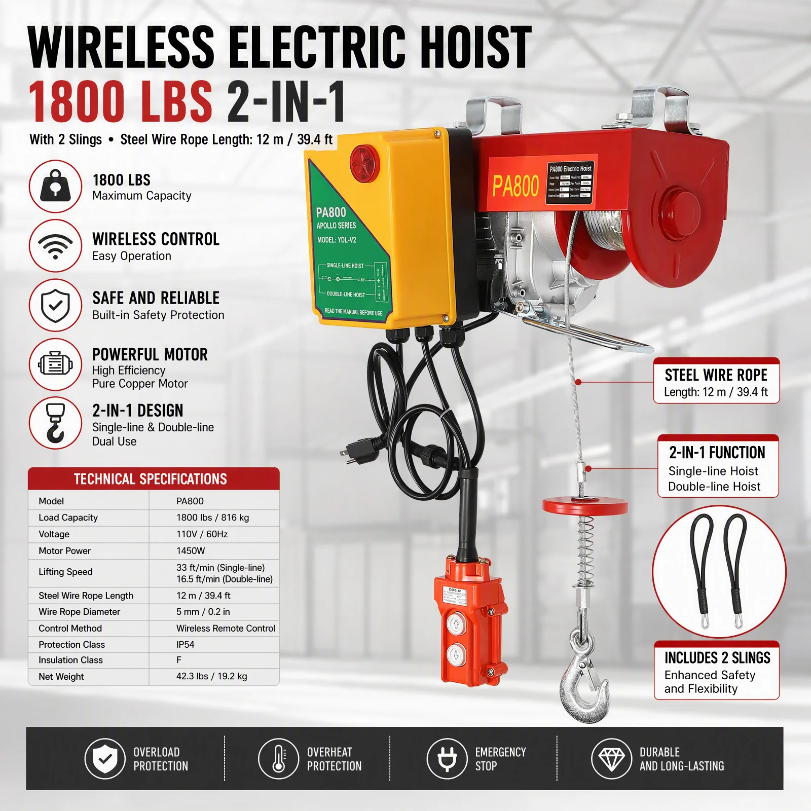Wireless Electric Hoist 1800lbs 2-in-1 110v Electric Hoist with 2 Lifting Straps Steel Wire Rope Length 12 Meters with Wireless Remote Control & Single/Double Slings Electric Winch Steel Electric Lift for Lifting in Factories Warehouses Construction Site
