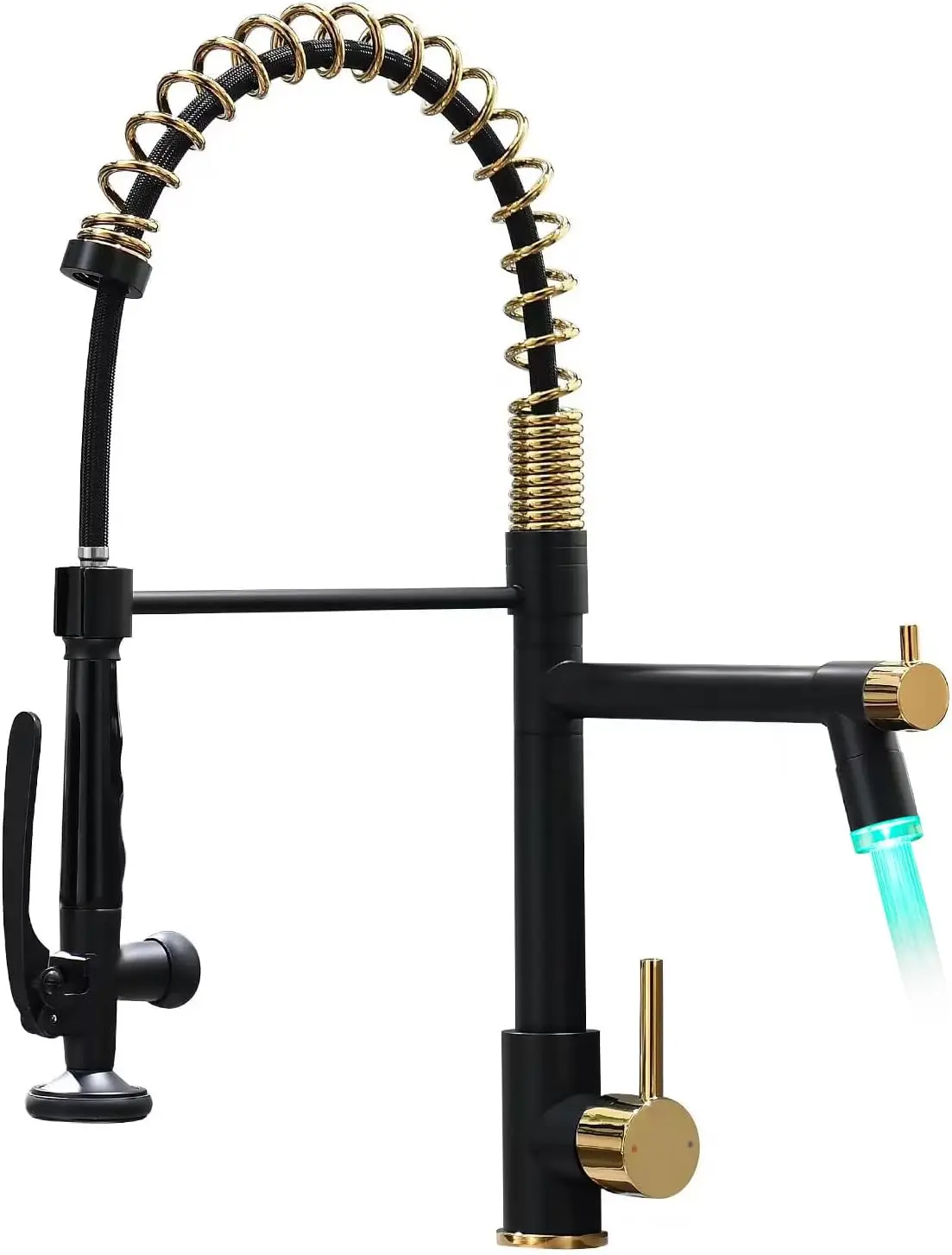 

Светодиодный кухонный смеситель с выдвижным изливом и распылителем, черно-золотой коммерческий смеситель для современных кухонь