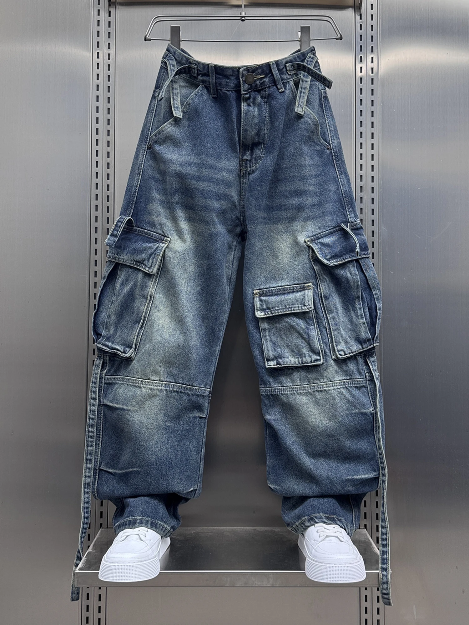 

Американские винтажные мужские джинсы свободного прямого кроя с широкими штанинами, длинные брюки, осенняя новинка, повседневные, однотонные