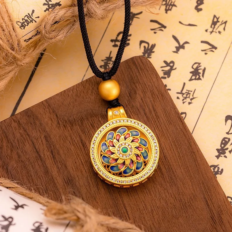 

Women's Gold Enamel Diamond Compass Pendant Necklace National Style Rotating Dot Design Gift for Ladies