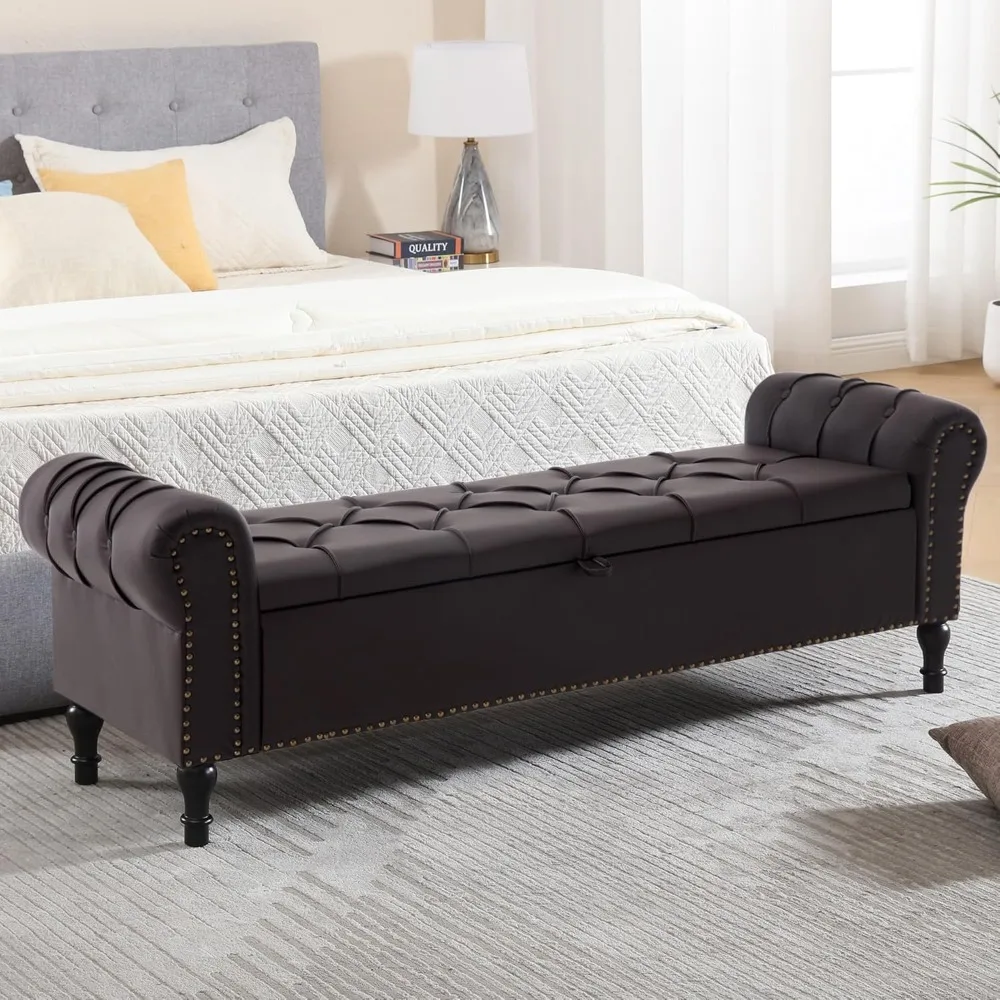 Leather Storage Bench Upholstered Tufted Ottoman Bench with Arms Large Storage Space End of Bed Bench for Bedroom Living Room