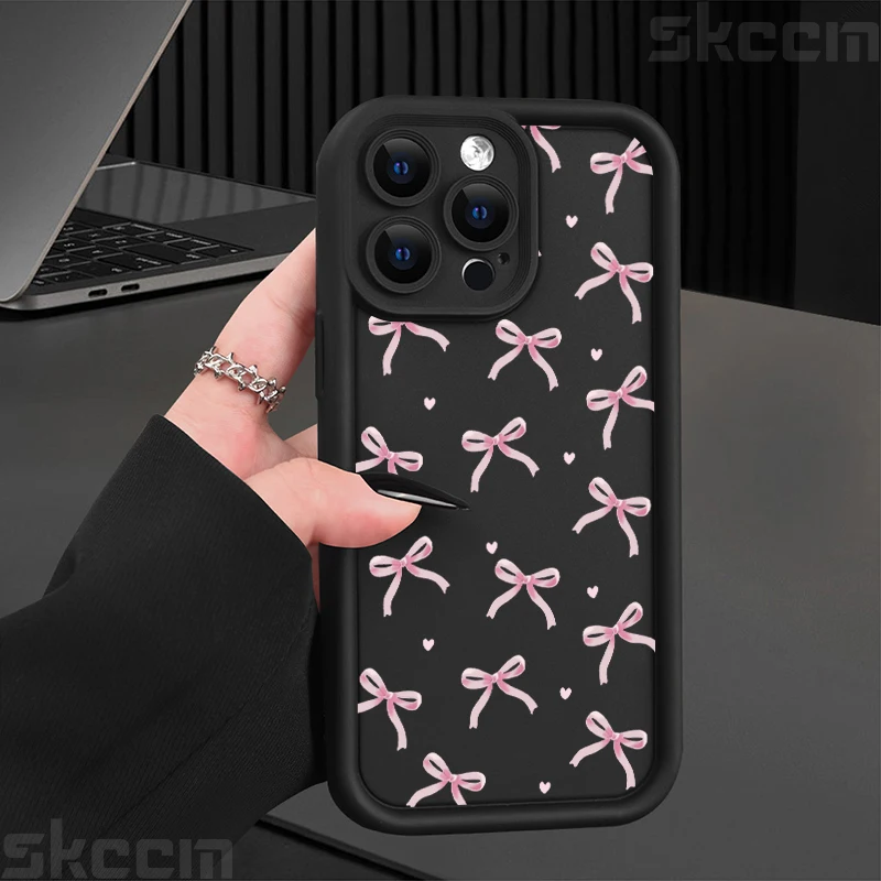 Cute Pink Heart Bow Silicone Soft Phone Case For iPhone 11 12 13 14 15 16 Pro Max XS XR X 7 8 16 Plu