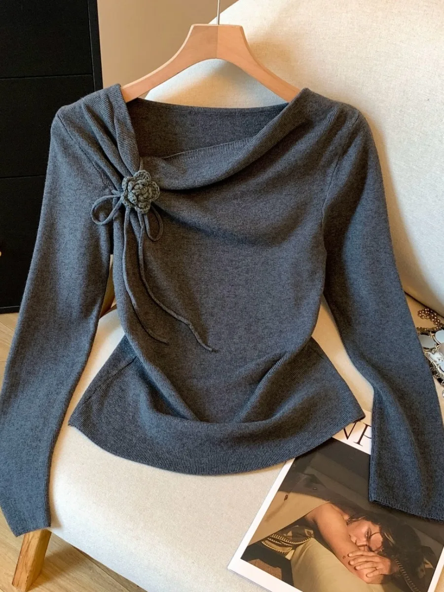 سترة محبوكة من Pure Desire محفظة ذاتيًا مع ياقة مائلة غير متماثلة طويلة Sve ort Sle للسيدات للخريف بخصر جديد... #1