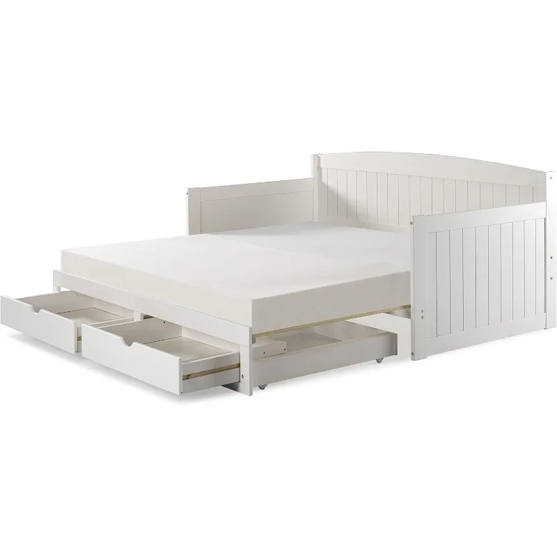 Wood Daybed, Single, White Brazilian Pine Trundle Bed for Sleepovers with Kids, 2 Pull-Out Drawers, 440 Lbs Weight Capacity