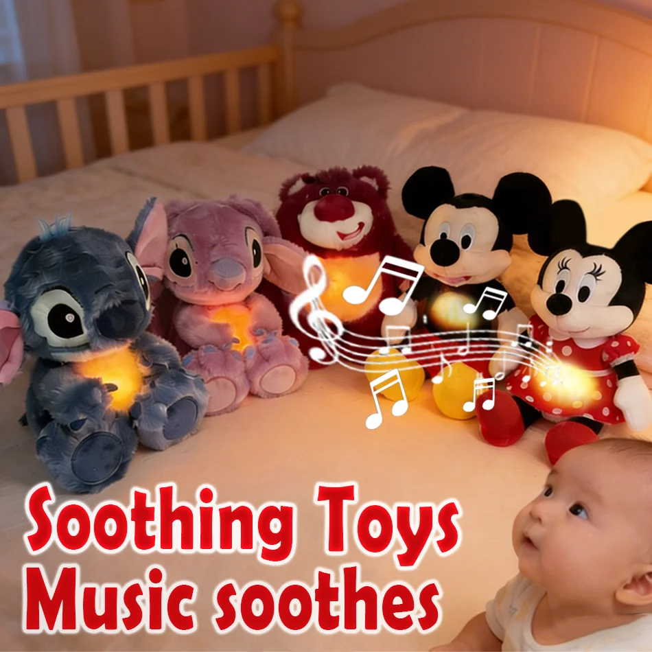 

Disney Mickey Minnie Lilo&Stitch Soothing Plush Toy Sound Light Breathing Function Baby Sleep Comfort Doll Stuffed Toy gifts