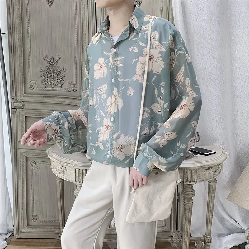 Fashion Streetwear Koreaanse Afdrukken Losse Turn-Down Kraag Man Lange Mouw Herenkleding Knop Lente Zomer Dunne Shirts tops