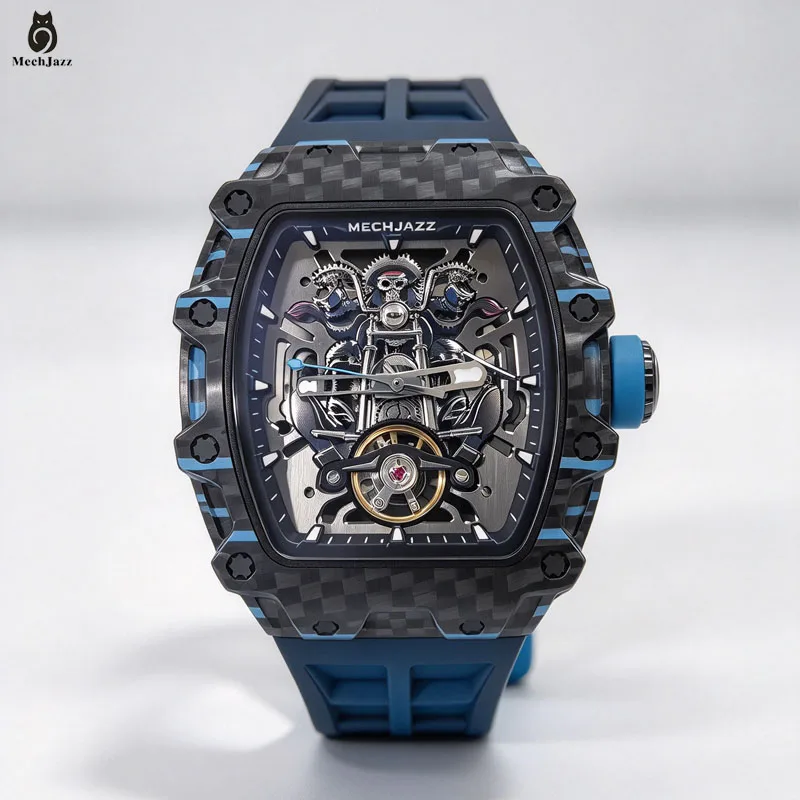 MechJazz Men's Automatic Mechanical Watch, Tonneau Forged Carbon Fiber Case, Motorcycle Skull Dial, Fashion Men's Wristwatch