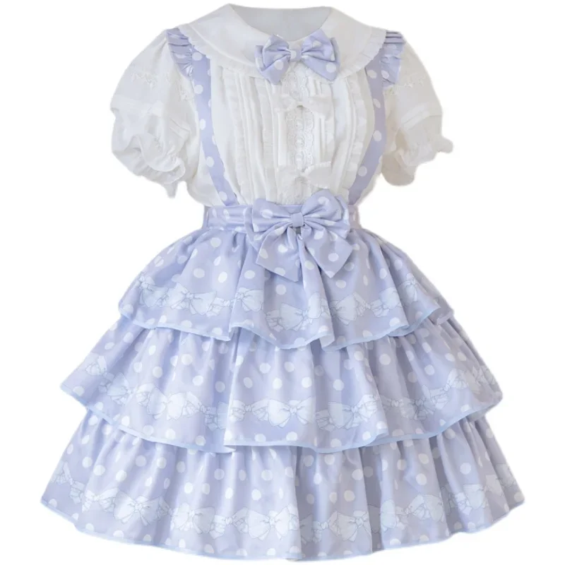 Japanese Elegant Sweet Kawaii Lolita Sk Set Doll Collar Bubble Sleeve Inner Shirt Dot Print Suspender Skirt Two-piece Sets Women