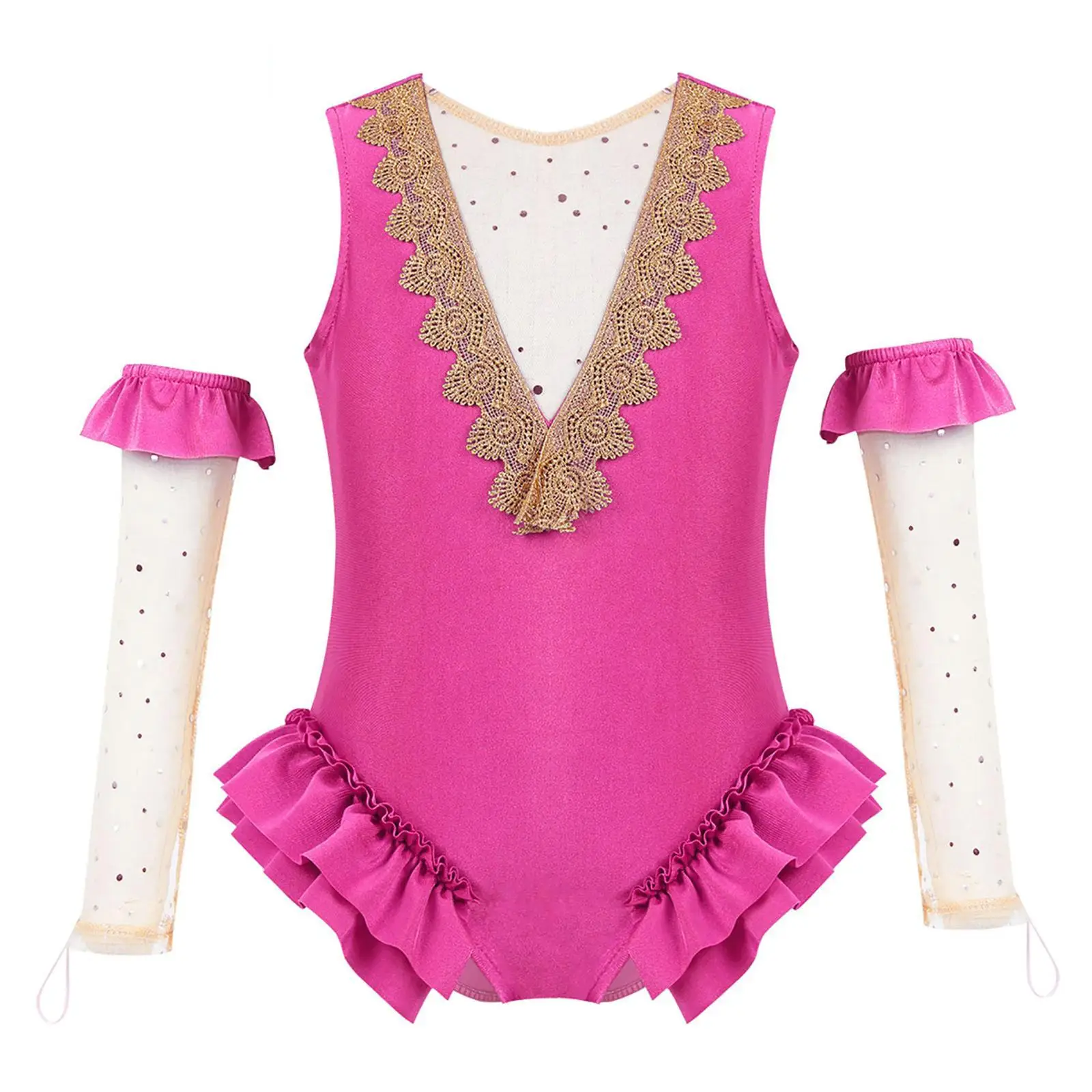 Girls Acrobat Circus Show Costume Ruffles Tank Leotard with Gloves Kids Halloween Cosplay Party Ballet Dance Gymnastics Outfits