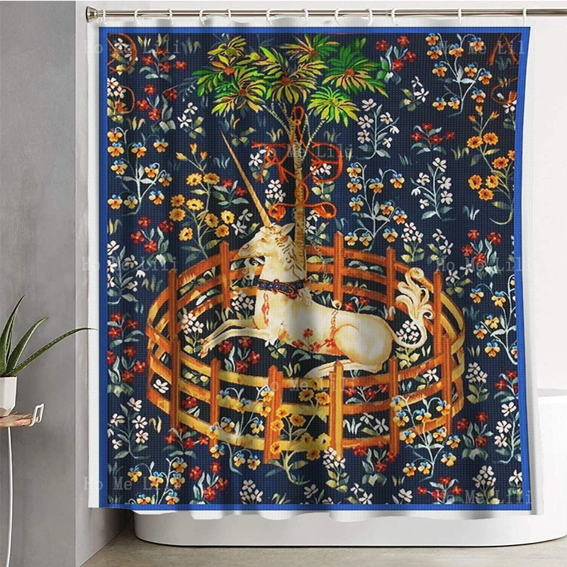 Pure White And Navy Blue The Last Unicorn Captivity Vintage Medieval Sign Noble Animal Paintings Shower Curtains By Ho Me Lili