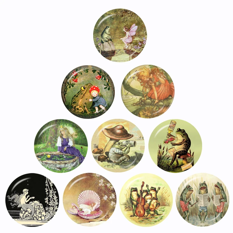 

Handcraft Vintage Frog Fairy Pattern 10pcs 12mm/16mm/18mm/20mm/25mm/30mm Round Photo Glass Cabochon Demo Flat Back Making