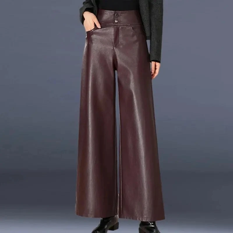 

New PU Leather Pants Thick High Waist Loose Joker Autumn Winter Drape Comfortable Pants Straight Warm Pocket Temperament Pants
