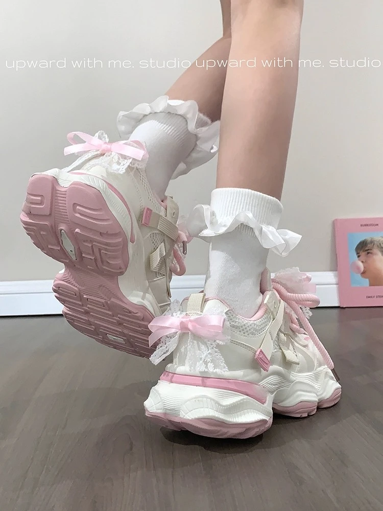 Sweet Japanese Loli Pink Bow Thick Sole Dad Shoes For Women 2024 New Summer Versatile Shoes Small And Popular Sports Shoes