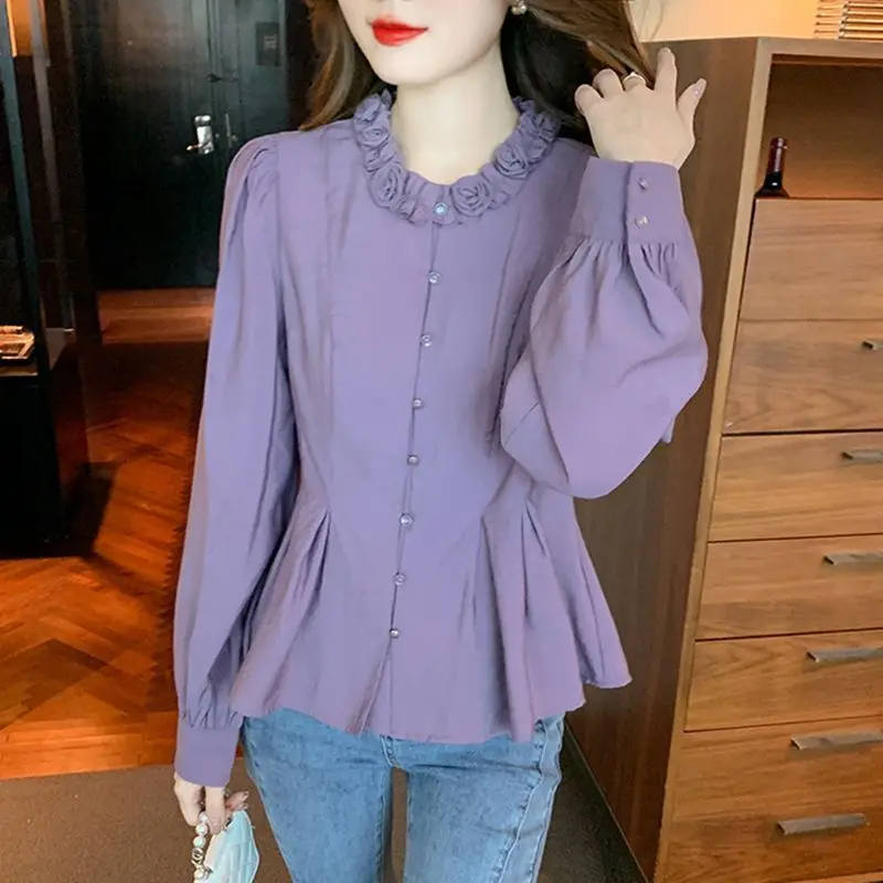 sweet O-Neck Spliced Ruffles Folds puff sleeve Shirts Female Clothing 2024 autumn winter New Loose All-match Tops Chic Blouses