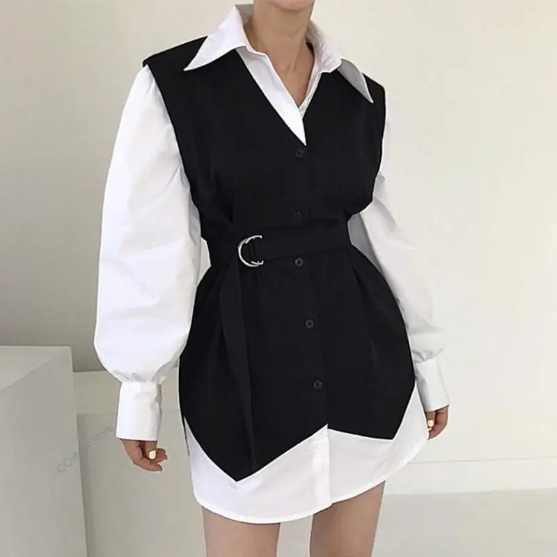 Korean Chic Lapel Black White Contrast Stitching Fake Two-piece Lace Up Waist Closed Bubble Sleeve Shirt Dress Women