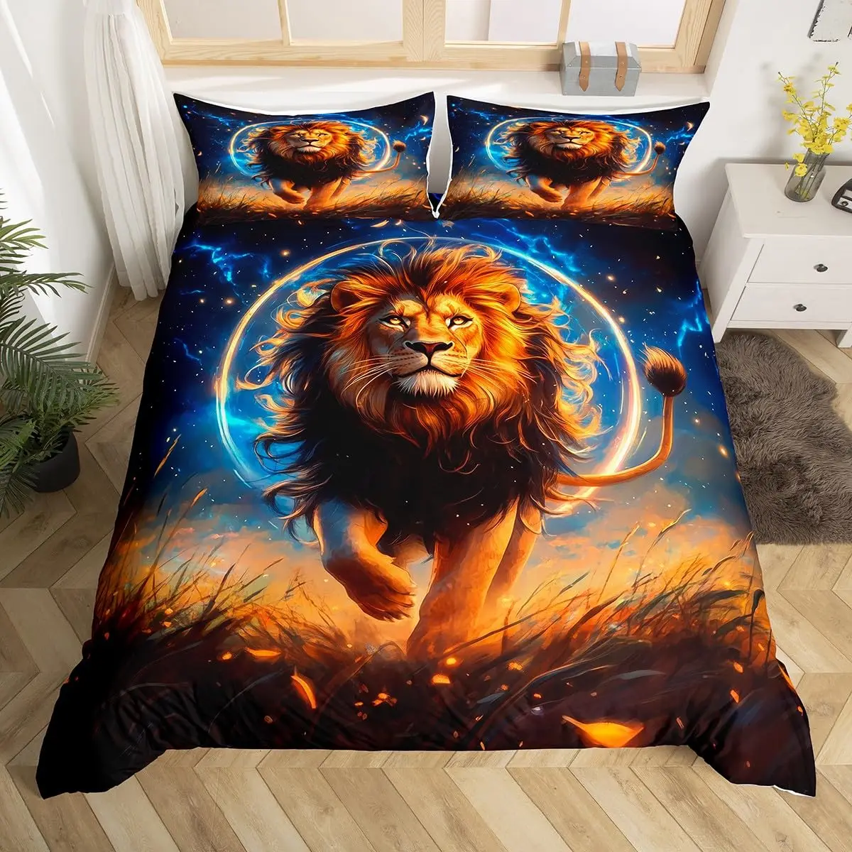 Lion Duvet Cover Wild Animal Bedding Set for Teens Adults Bedroom Queen Twin Size Cool Wildlife African Pattern Comforter Cover