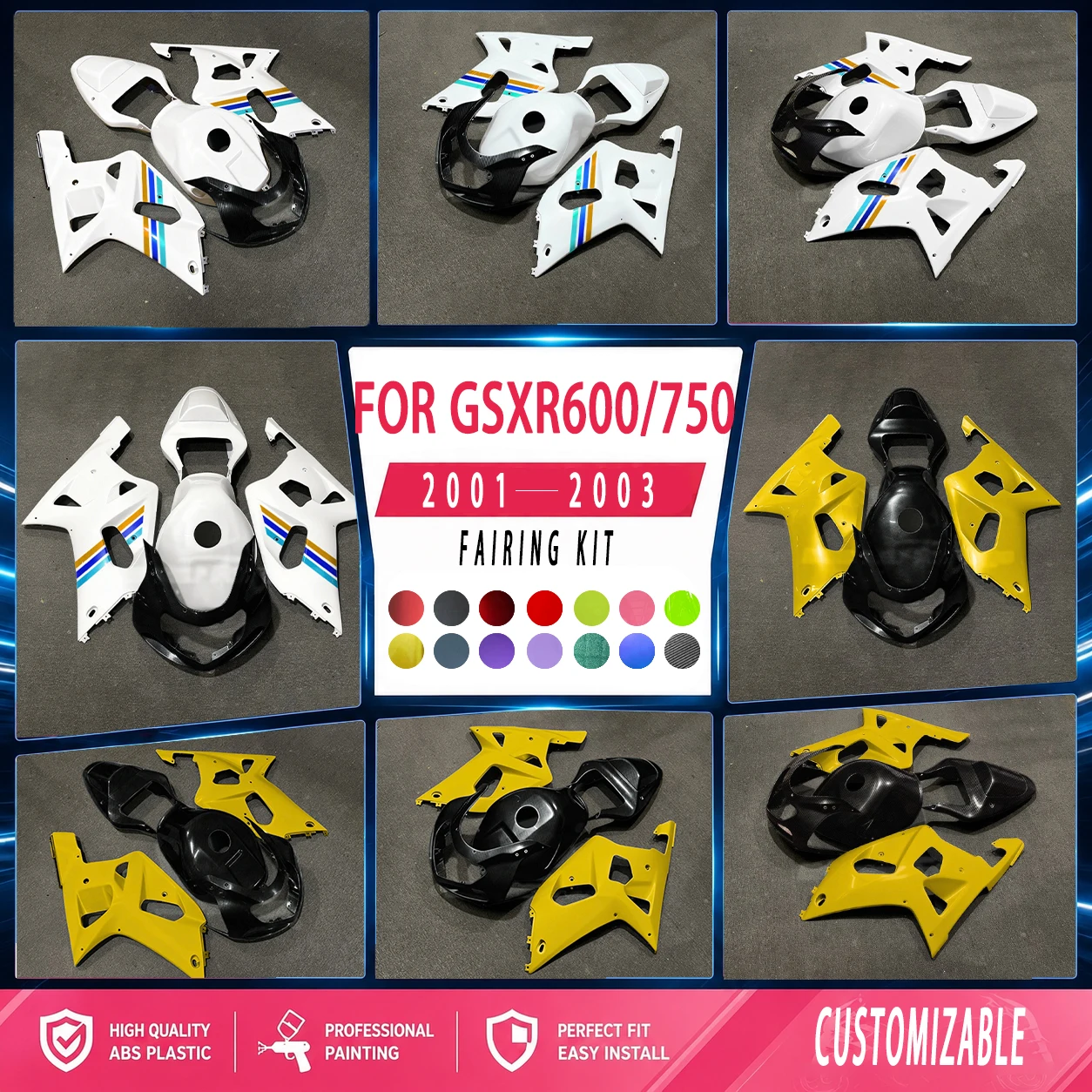 2001 2002 2003 GSXR750 600 Motorcycle Fairings for 01 02 03 GSXR600 750 Customizable Injection Fairing Kit