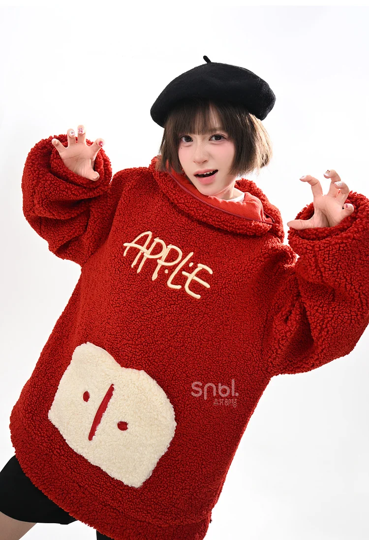 Christmas Kawaii Fun Apple Red Hoodies Tops Sweet Cute Embroidered Loose Casual Thick Fleeced Warm Sweatshirts for Women Winter - Image 5