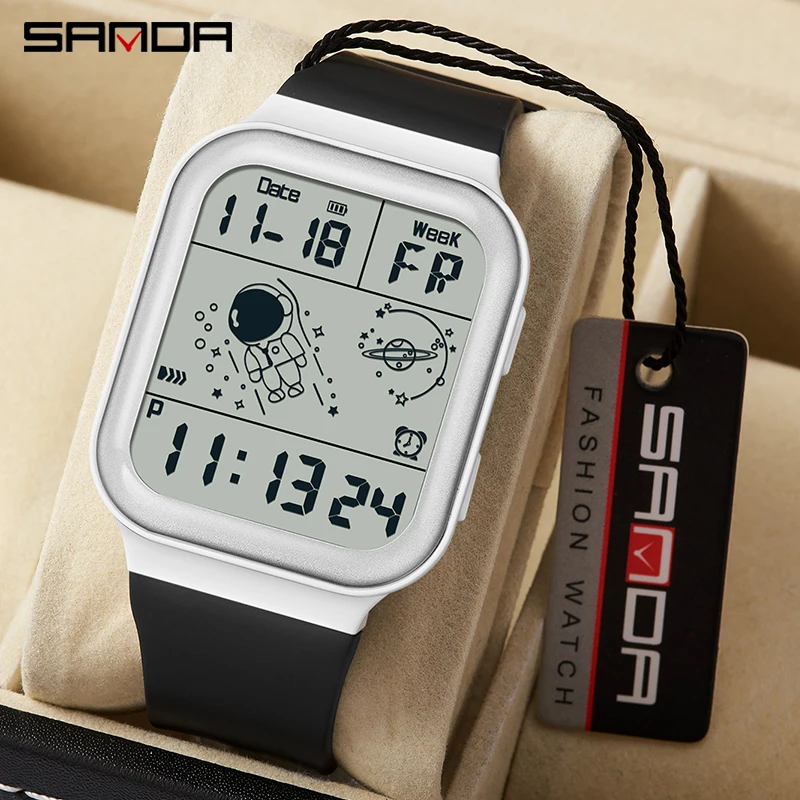 Sanda 6052 LED Display Digital Watch Square Astronaut Design Men's Women's Fashion Trend Youth Electronic Timepiece for Students