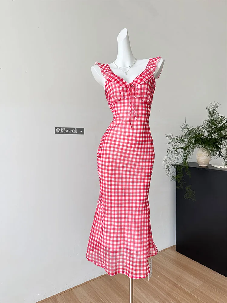 Harajuku Red Mermaid Dress Bow Sleeveless Elegant Sexy Plaid Trumpet Dress Gyaru Square Collar Prom Gown Backless Streetwear Y2K