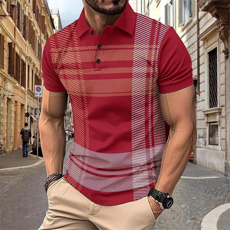 Men's Short Sleeved Polo Shirt with Colorful 3D Color Block Print, Summer Casual Lapel Street Top