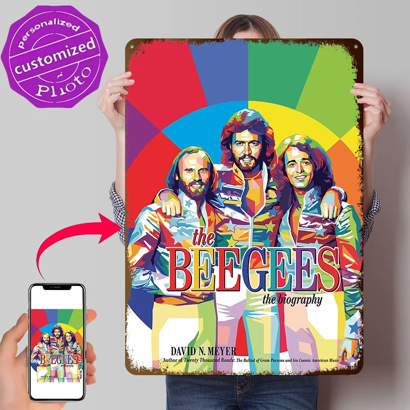 Póster con Textura Impresa en 3D de la Portada del Libro de Biografía de The Bee Gees, Arte de Pared Personalizado, Letreros Metálicos Retro para Interiores Vintage