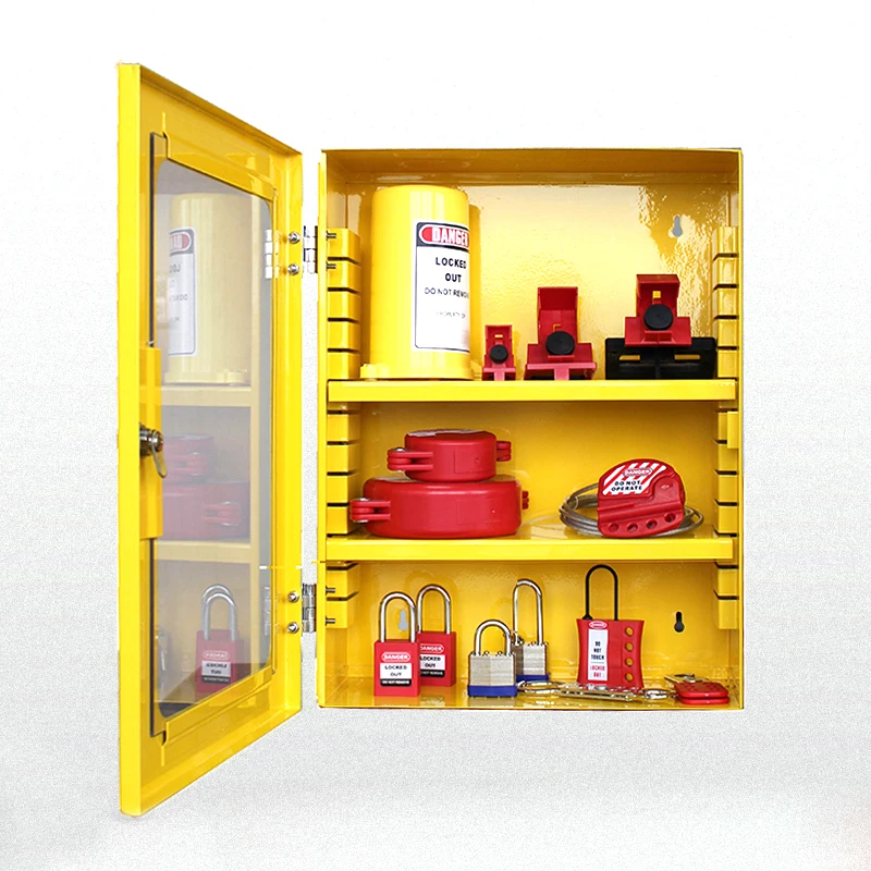 

Metal Wall Mounted Portable Lockout Station Lock Appliance Tools Storage Box Yellow Base Transparent Window Unfilled Layer Free