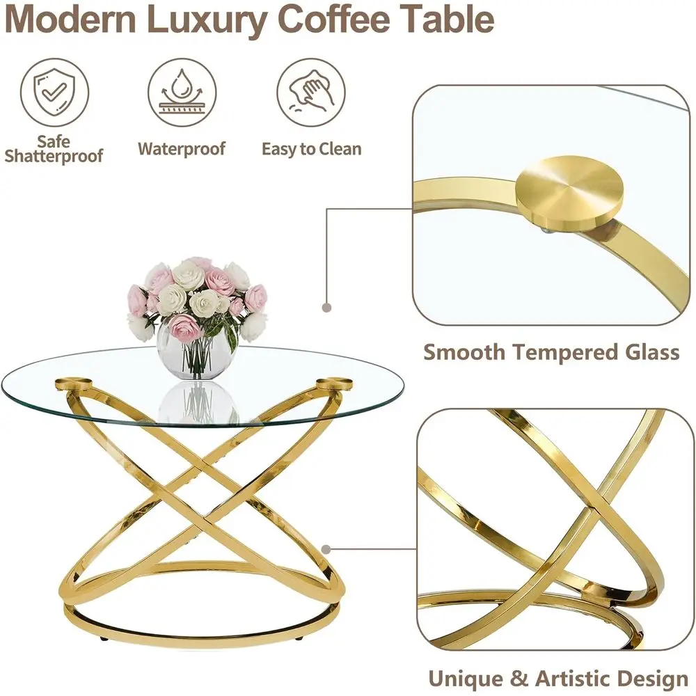 Modern 39.4 Round Glass Coffee Table with Gold Ring Frame for Living Room
